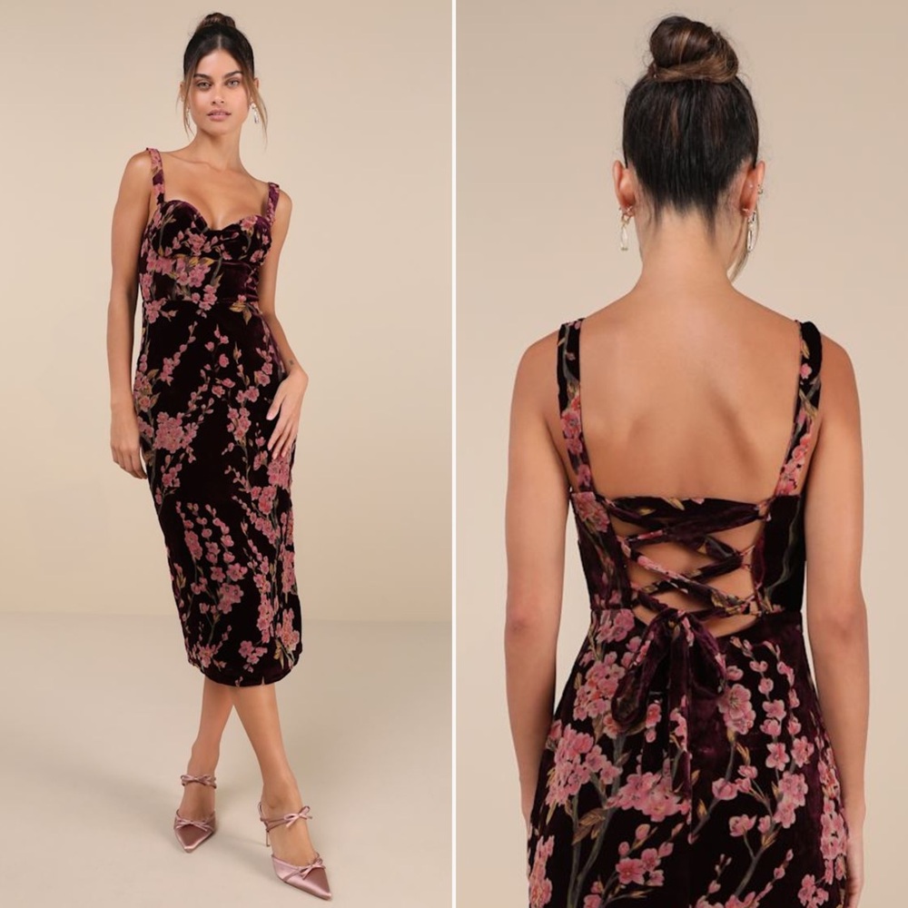 Lulus Romantic Stunner Dress plum floral burnout velvet lace up back midi large